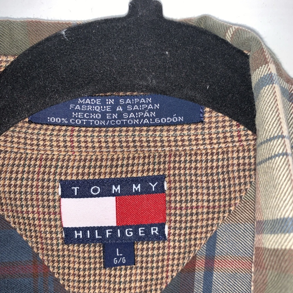 Tommy Hilfiger Mens Large Plaid Button Down Shirt Blue Brown Crest Logo Vintage - Picture 4 of 5